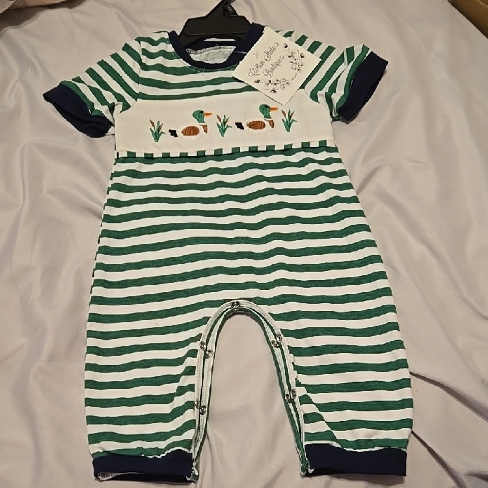 NWT Boutique 3 To 6 Month Infant Green and White Striped Kids One Piece